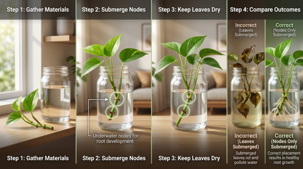 correct placement of a money plant cutting in water without soil.