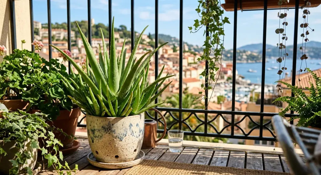 Healthy aloe vera plant growing in a ceramic pot on a sunny balcony