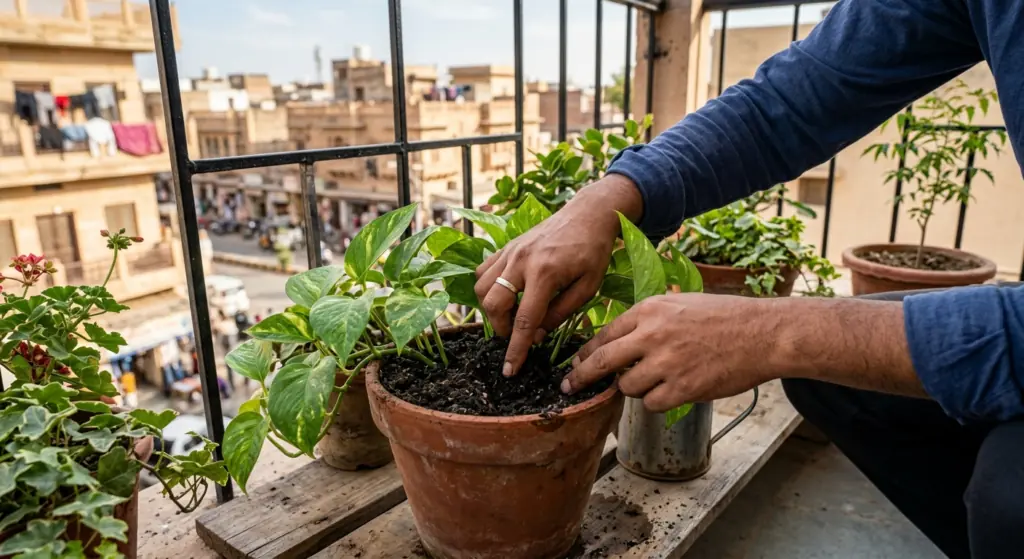Person checking soil moisture of a balcony plant before watering
