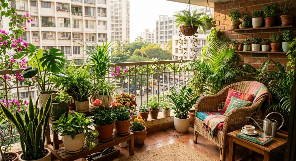 Beautiful Indian apartment balcony garden with green plants in pots