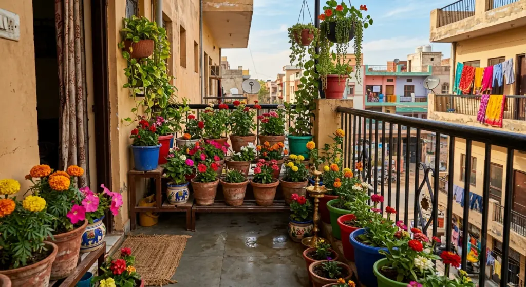 Colorful balcony garden with flowering plants in multiple containers
