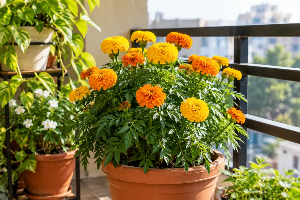 Marigold plant with yellow and orange flowers growing in a balcony pot