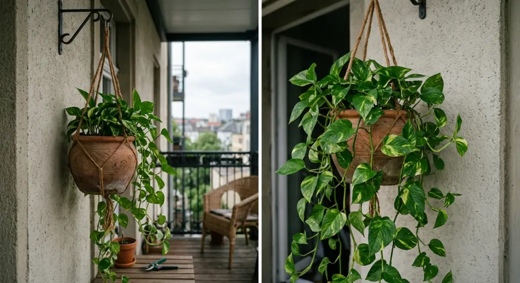 Money plant growing in a hanging pot on a shaded apartment balcony
