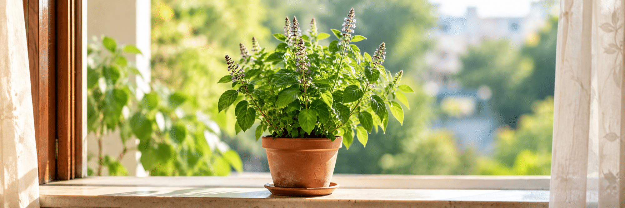 Healthy tulsi plant growing in a terracotta pot for tulsi plant care at home